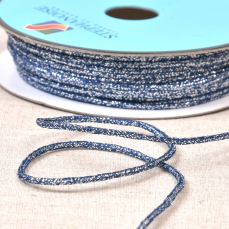 Cordon coton métallisé bleu marine argent au mètre