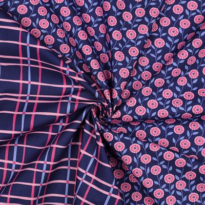 Coton Popeline Poppy check petites fleurs bleu et rose – Image 3