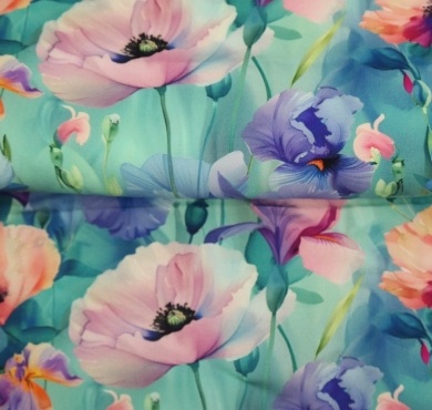 Viscose fleurs des champs et iris fond bleu Stenzo