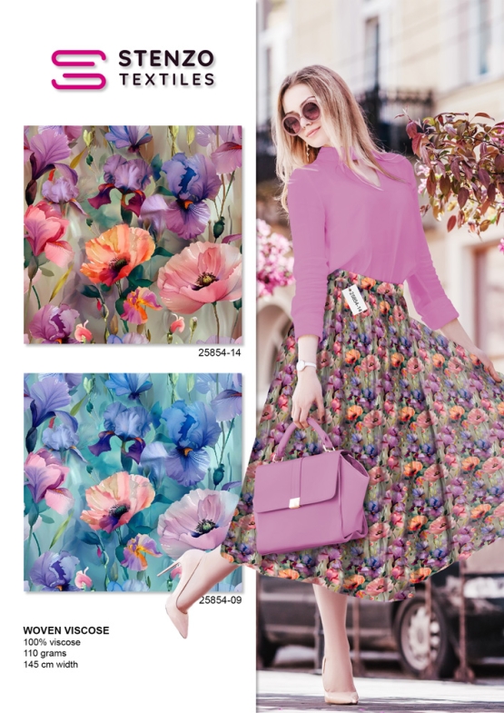 Viscose fleurs des champs et iris fond bleu Stenzo