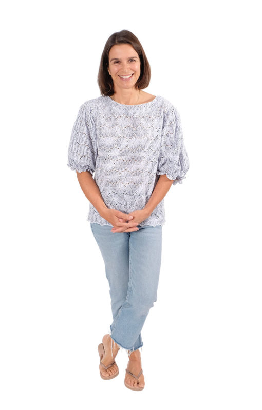 Coton brodé festonné rayé blanc et bleu – Image 3