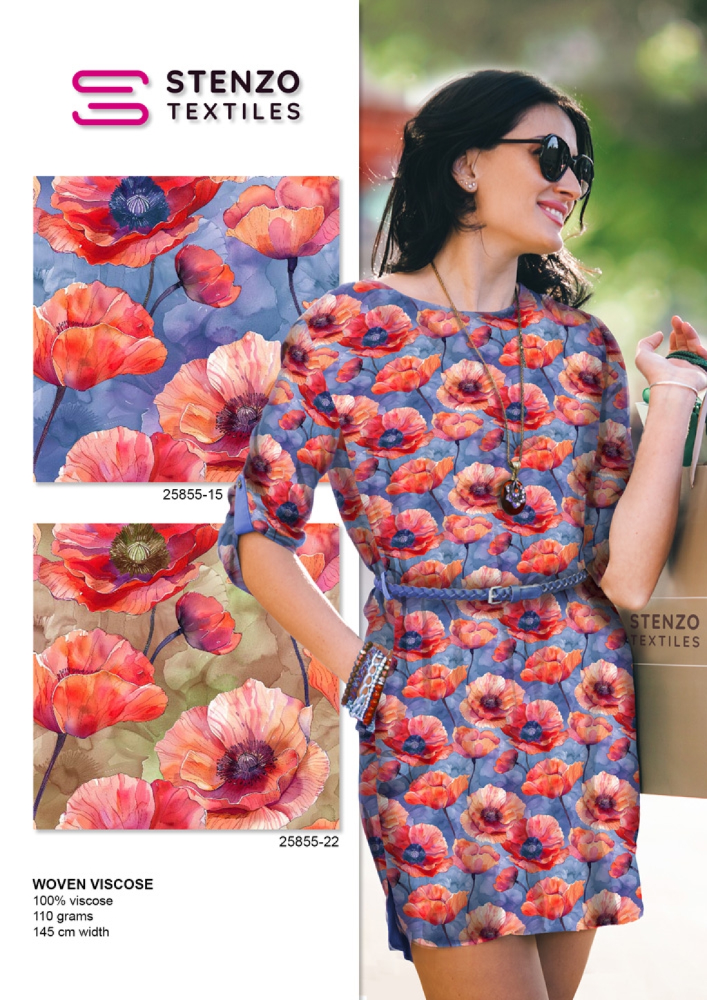 Viscose coquelicot fond parme Stenzo