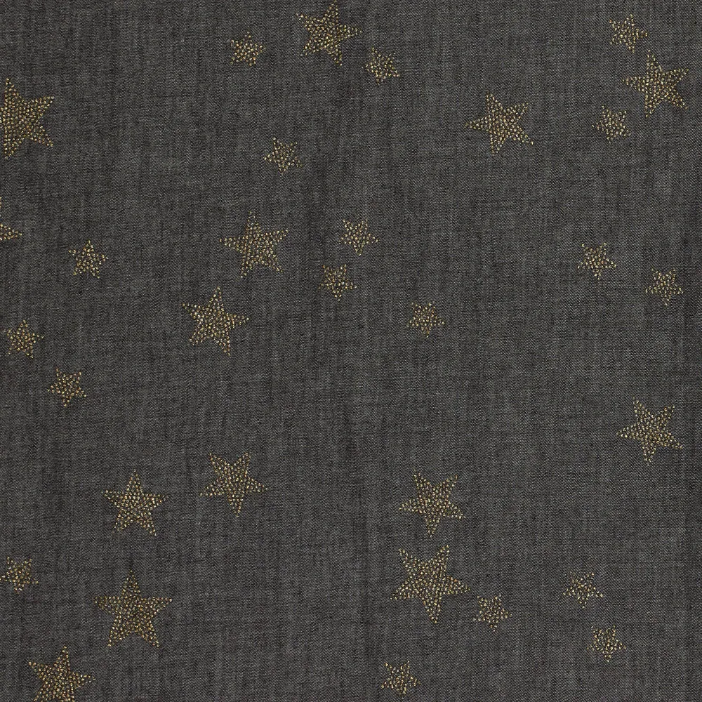 Tissu chambray jeans coton étoile strass fond noir – Image 4