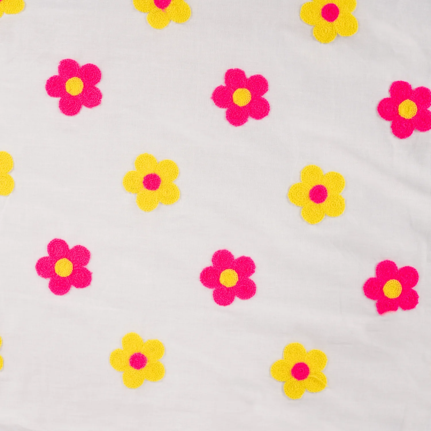 Voile de coton brodé fleurs fluo rose et jaune