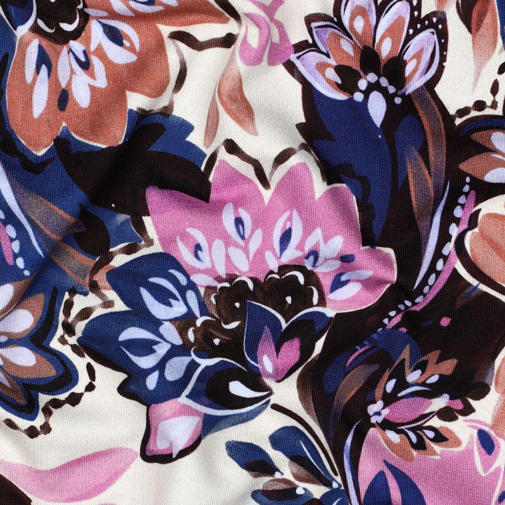 French terry fleurs bleu et rose fond écru – Image 3