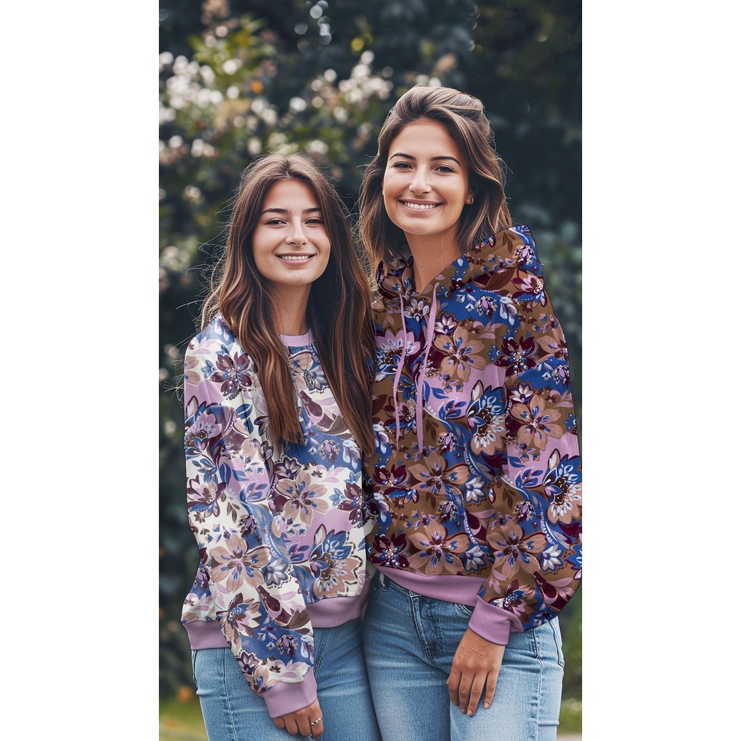 French terry fleurs bleu et rose fond écru – Image 5