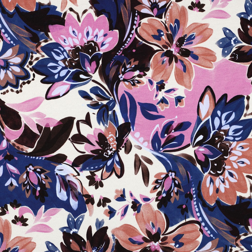 French terry fleurs bleu et rose fond écru – Image 4