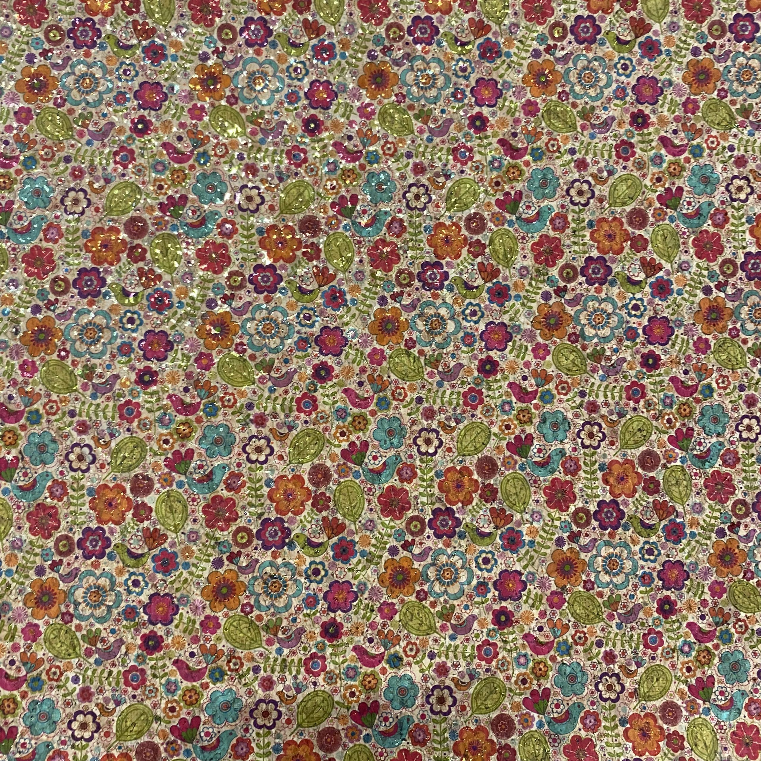 Liège au mètre fleurs oiseaux et lurex – Image 3