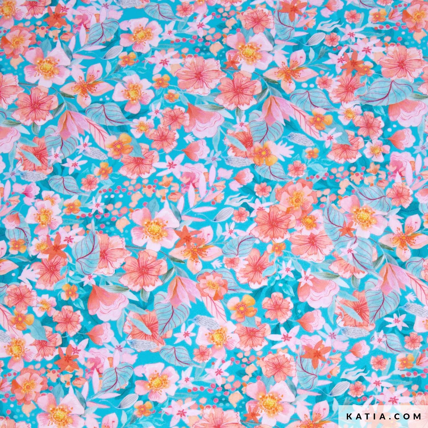 Popeline Katia fleurs aquarelle fond bleu – Image 2