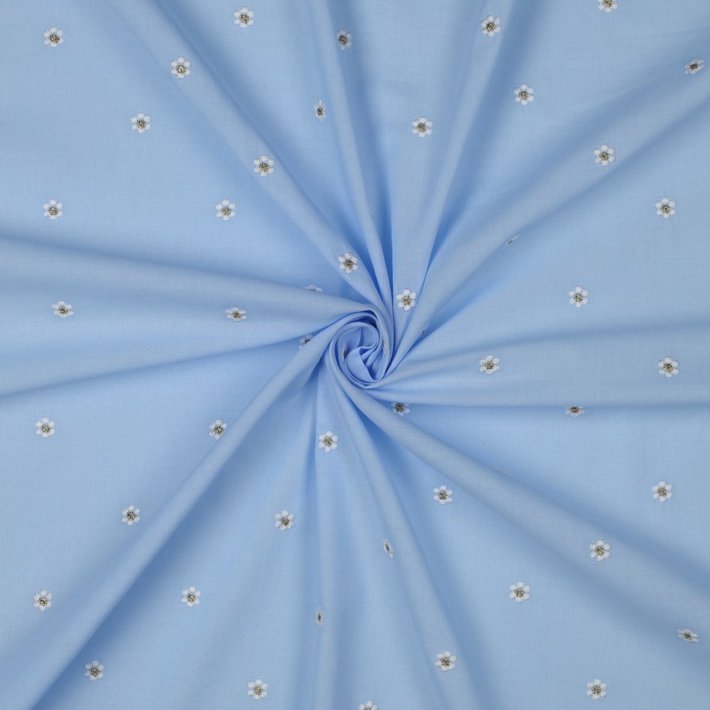 Voile de coton bleu ciel brodé marguerite or blanc – Image 2