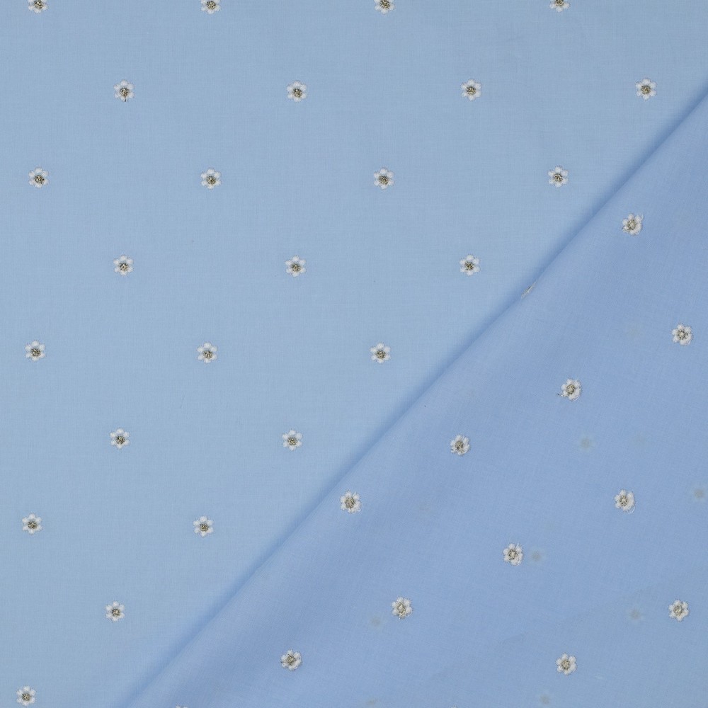 Voile de coton bleu ciel brodé marguerite or blanc – Image 3