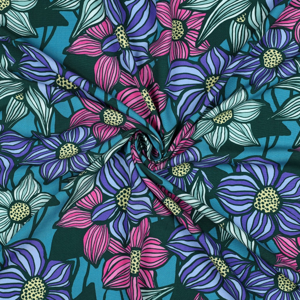 Viscose Ecovero grandes fleurs pétrole bella