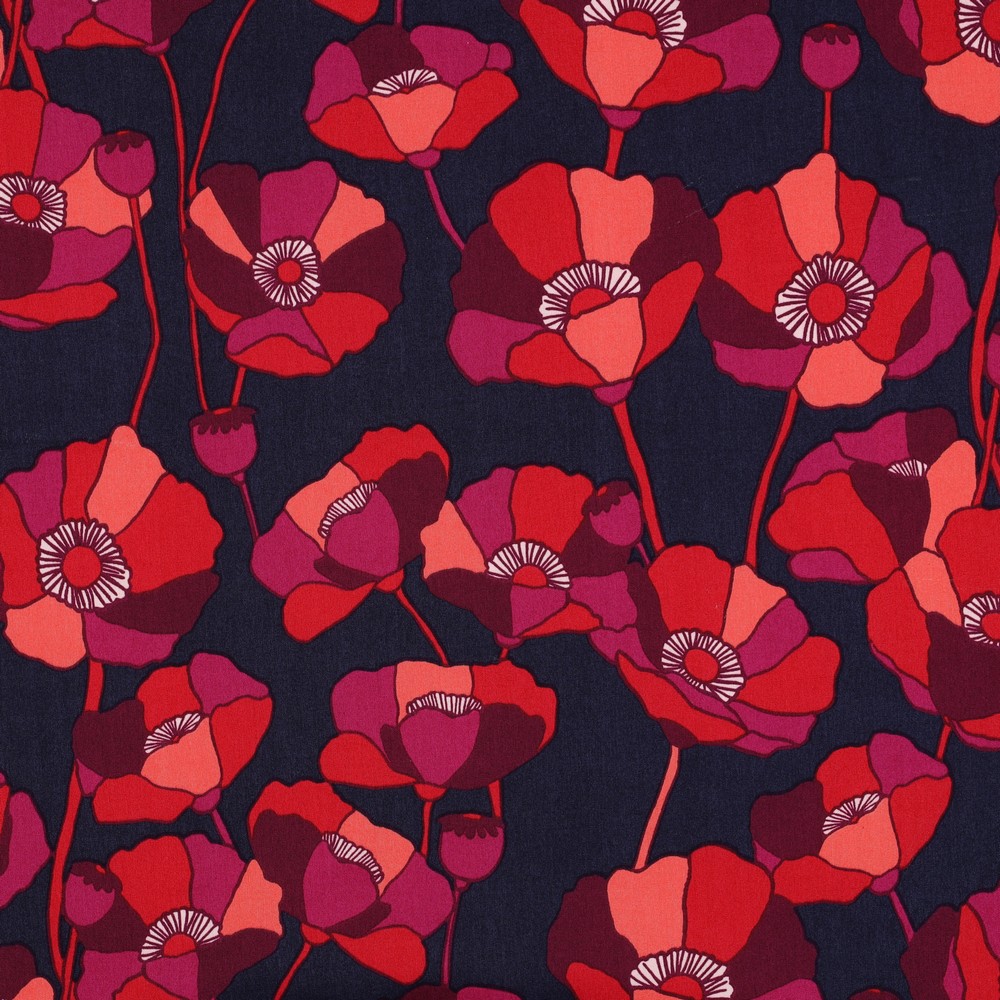 Coton de viscose coquelicot rouge violet fond bleu