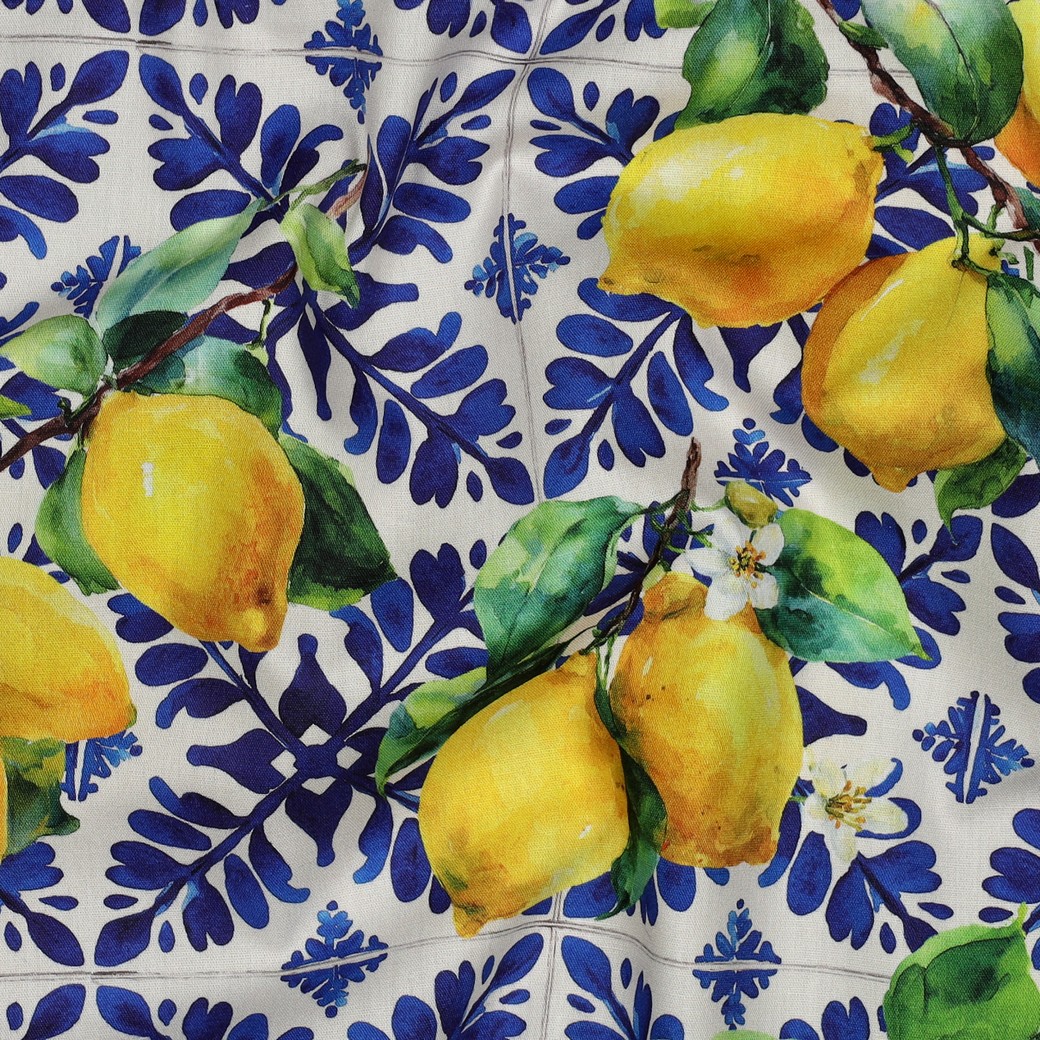 Coton de viscose citron fond carreaux ciment bleu