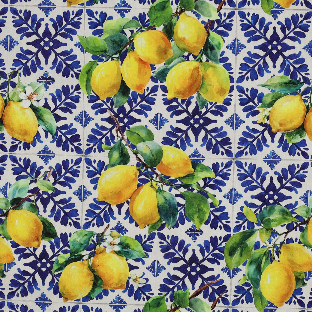Coton de viscose citron fond carreaux ciment bleu