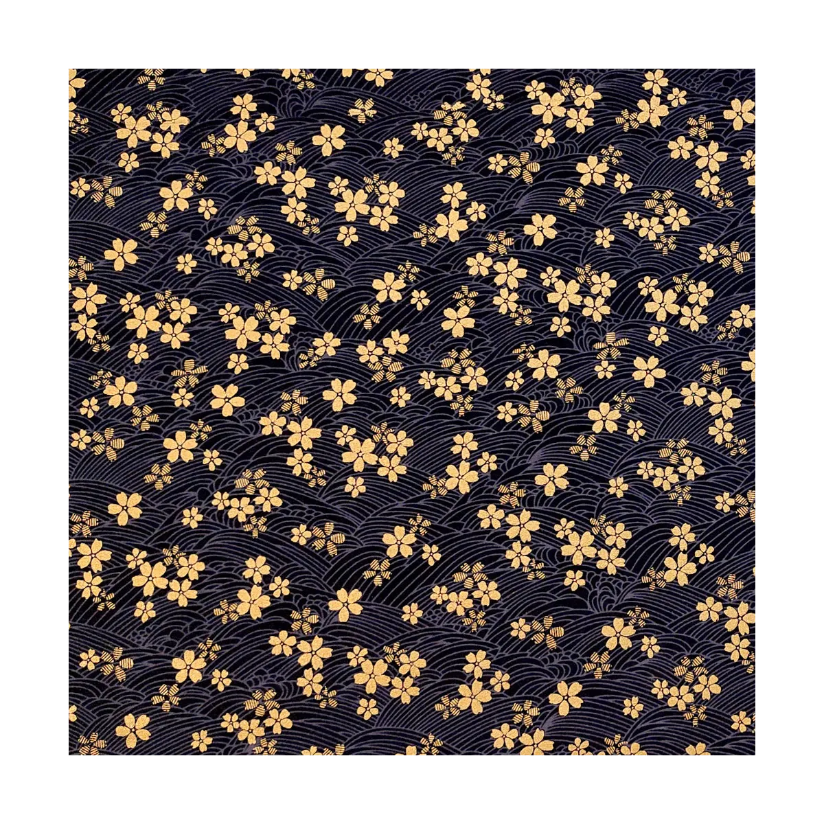 Coton imprimé Tatami bleu fleurs dorées