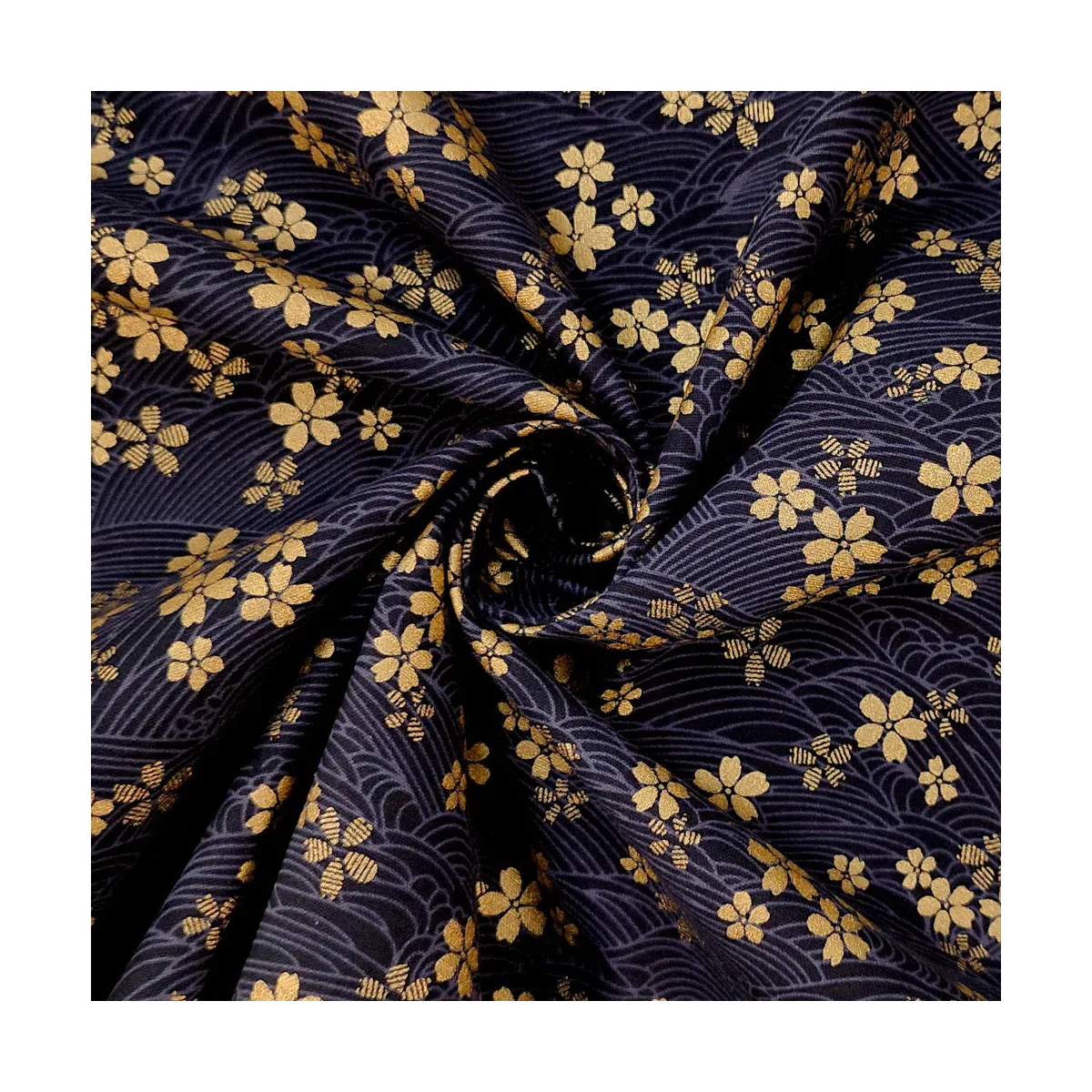 Coton imprimé Tatami bleu fleurs dorées