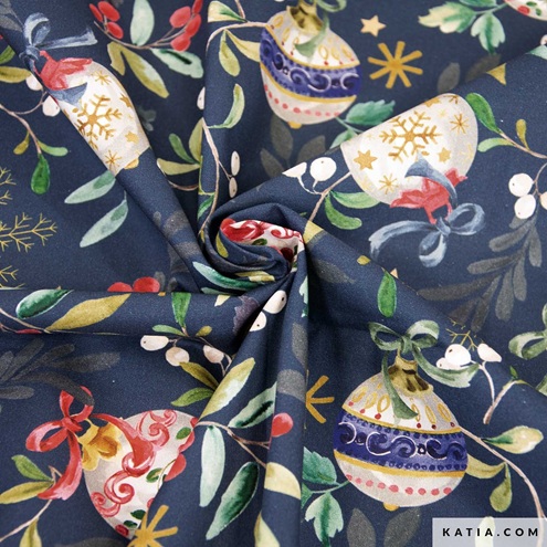 Coton Popeline Imprimé noël boule noel fond bleu Katia