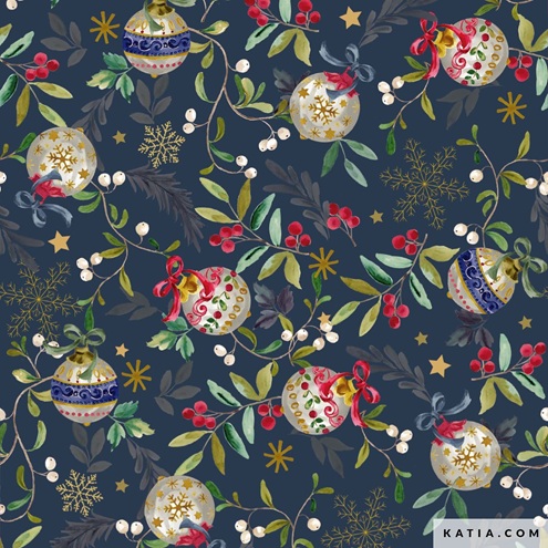 Coton Popeline Imprimé noël boule noel fond bleu Katia