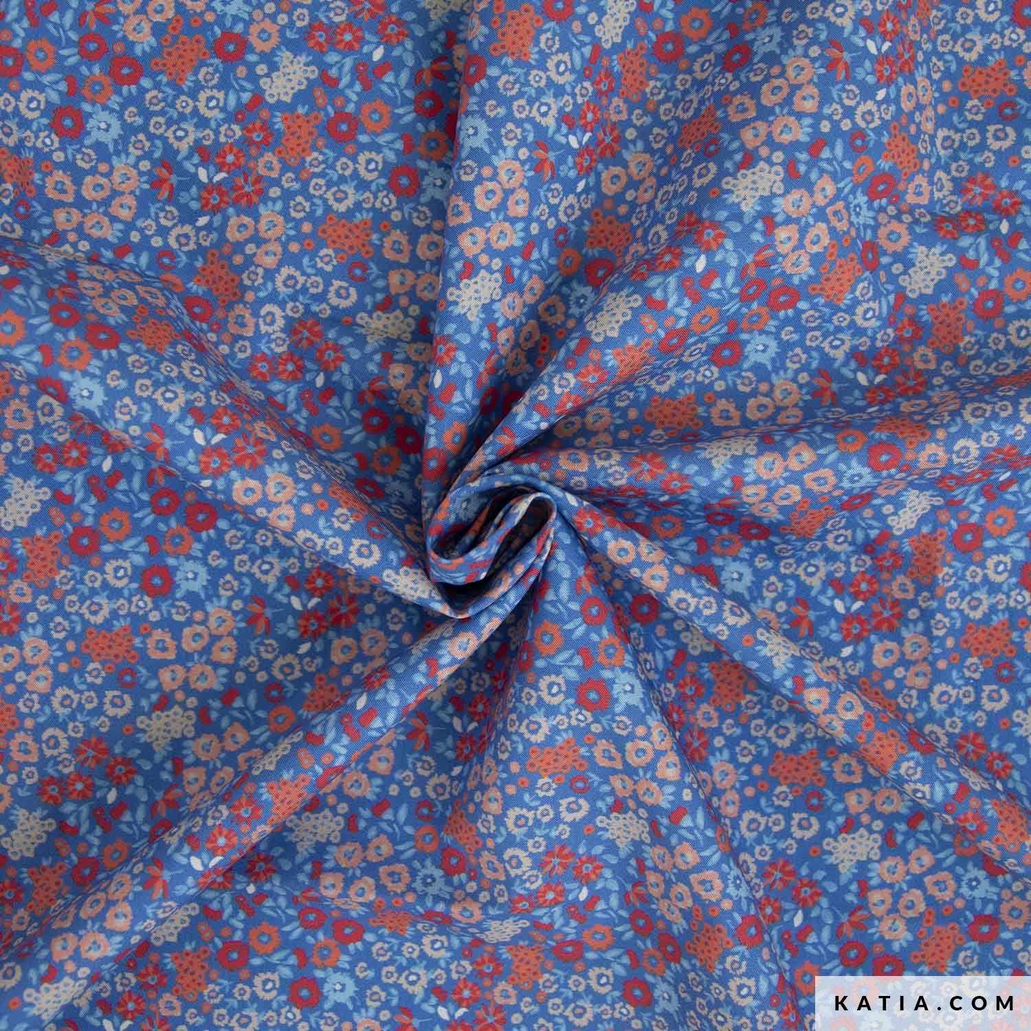 Popeline Katia fleurs orange et rouge fond bleu