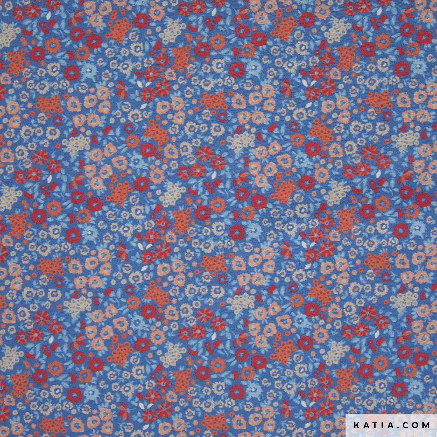 Popeline Katia fleurs orange et rouge fond bleu