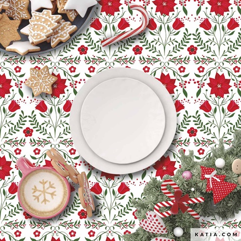 Coton Popeline Imprimé noël poinsettia fond blanc Katia