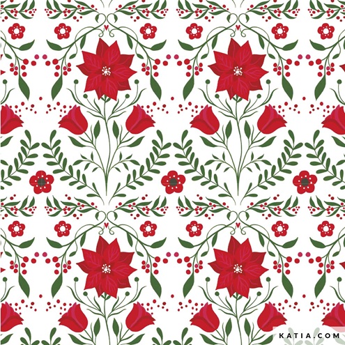 Coton Popeline Imprimé noël poinsettia fond blanc Katia