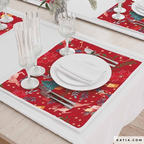 Coton Popeline Imprimé noël poinsettia renne Katia