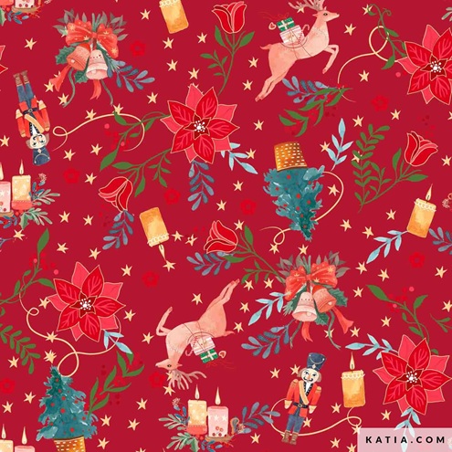 Coton Popeline Imprimé noël poinsettia renne Katia