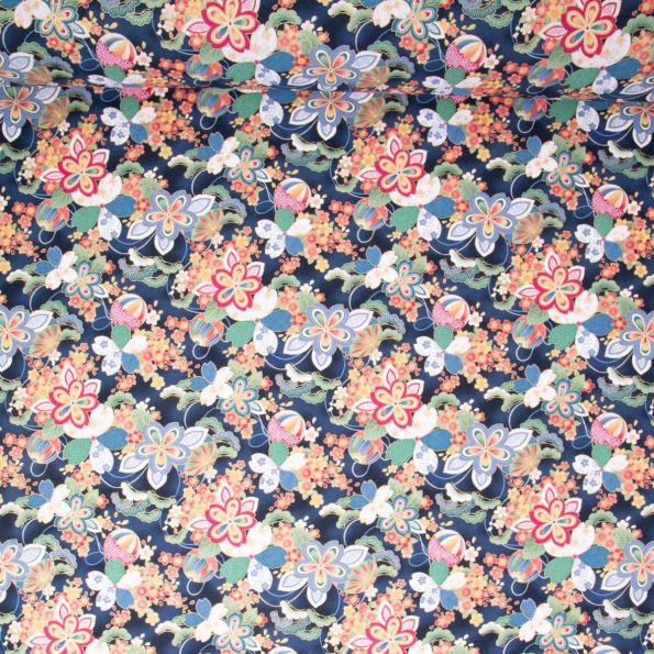 Coton imprimé kyoto bleu fleurs dorées – Image 2