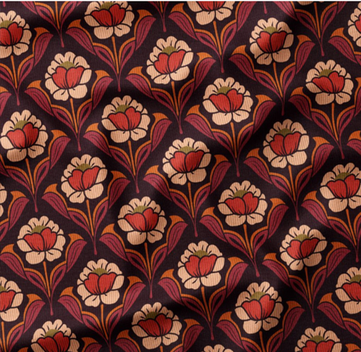 Velours milleraie Hoko fleurs seventies bordeaux et orange
