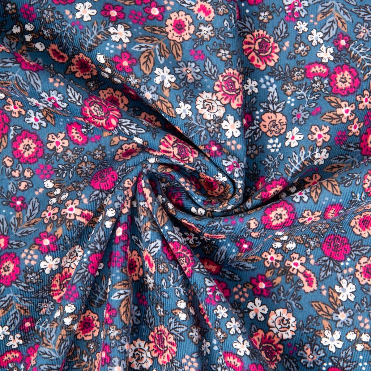 Velours milleraie Barjey fleurs rose fond bleu